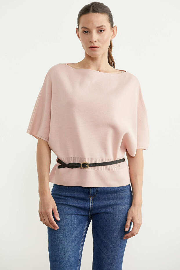 Low Sleeve Knitwear T-Shirt with Belt Accessory - Powder