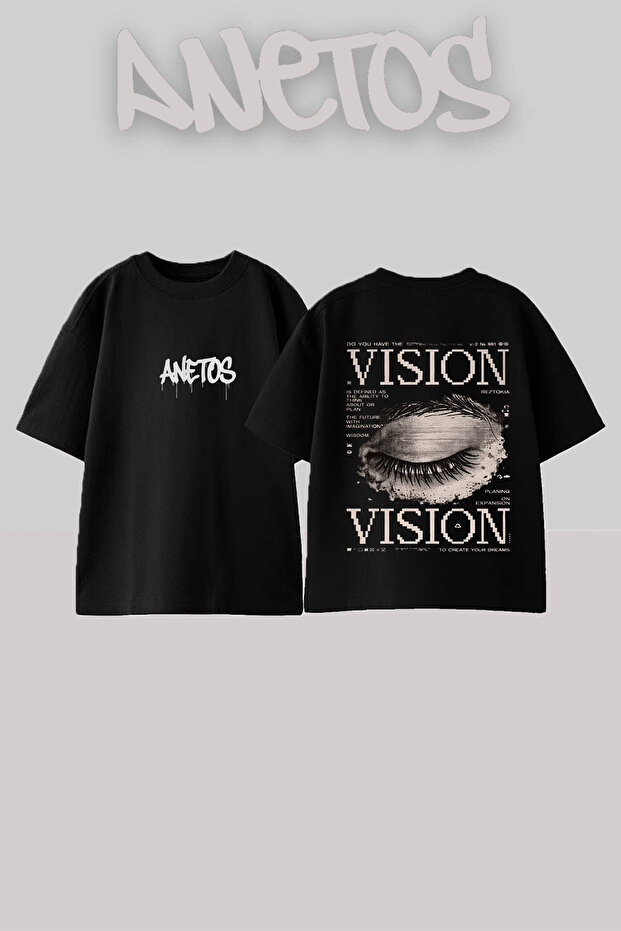 تي شيرت قطني أسود كبير الحجم بتصميم Vision Eye Design مطبوع على الظهر