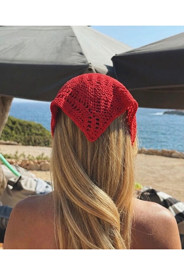 Red Bohemian Knitted Crochet Cotton Hair Bandana
