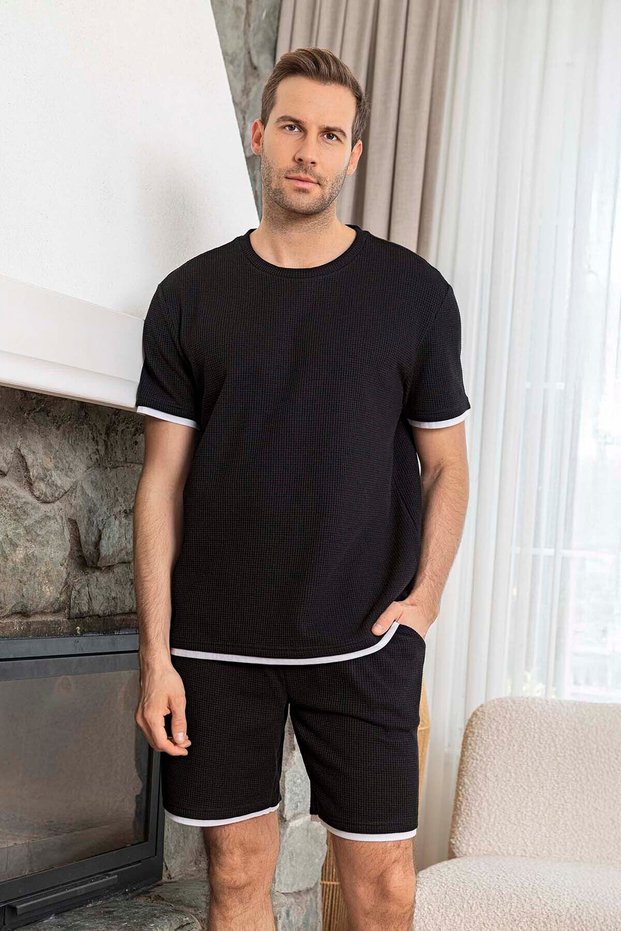 Men's Short Sleeve Shorts Piping Detail Waffle Fabric Pajama Set 260106 Black