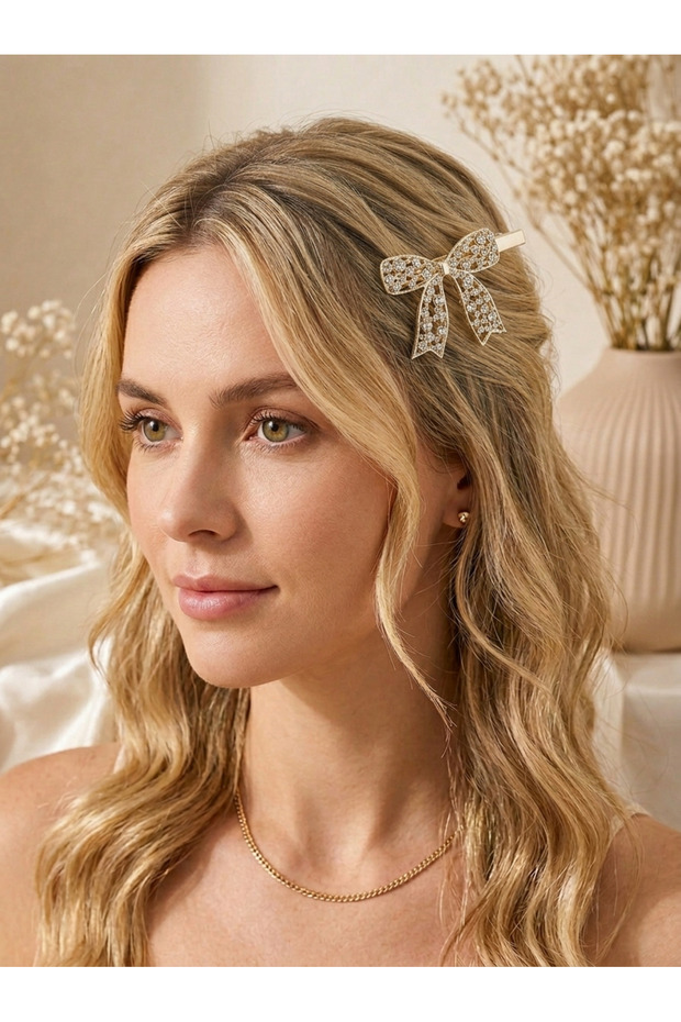 Bow Model Zircon Stone Detailed Gold Color Clasp Buckle