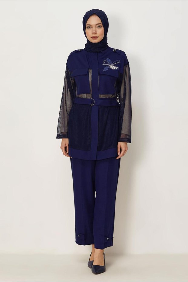 Belted Fishnet Detail Pants Suit 46301