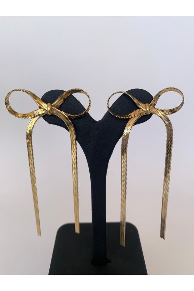 Bow Earrings with Italian Chain and Bow Detail, Dangle Style, Gold Color