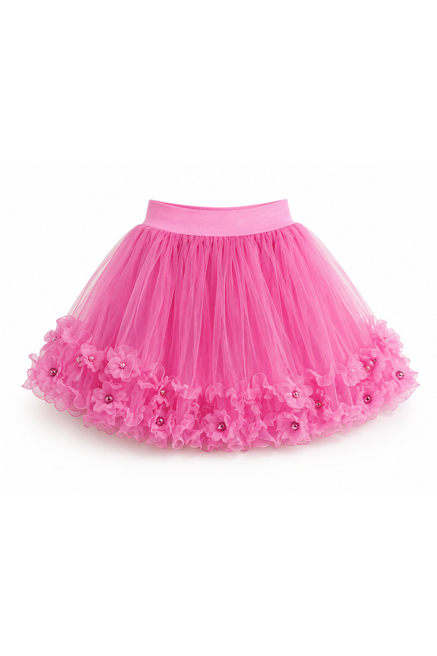 Girl's Tulle Skirt with Floral Detail, Pink Flared Model, Ages 5-13