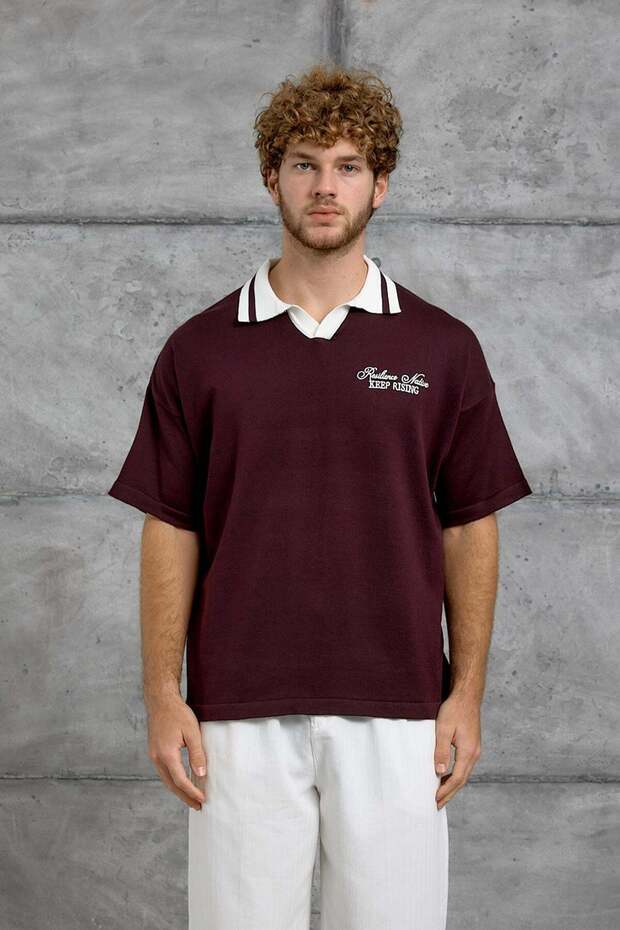 Men's T-Shirt Dp Rising Printed Knitwear Burgundy Oversize Printed Polo Neck Knitwear