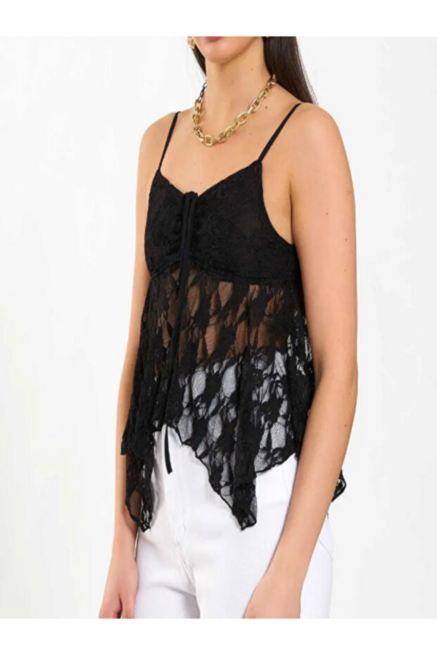 Black Thin Strappy Blouse with Lace Detail and Asymmetrical Cut