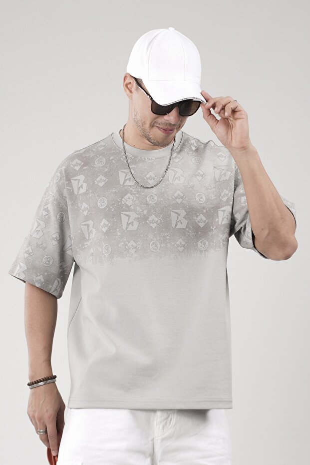 Oversize Logo Printed Crew Neck Basic T-Shirt - 1