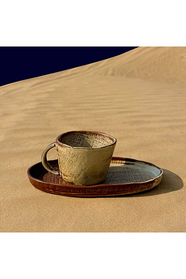 Rumi Tea Cup with Saucer – Handmade Natural Clay, 230ml Rustic Artisan Tea Set, Premium Gift Box Included