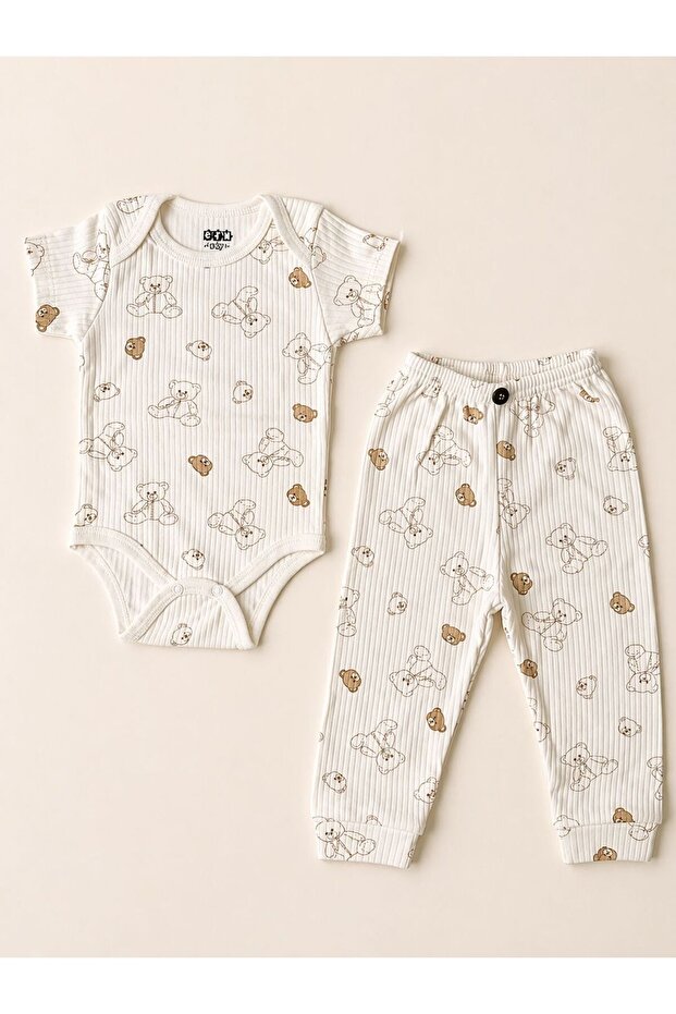 2-Piece Bear Patterned Cotton Unisex Baby Short Sleeve Bodysuit and Pants Set