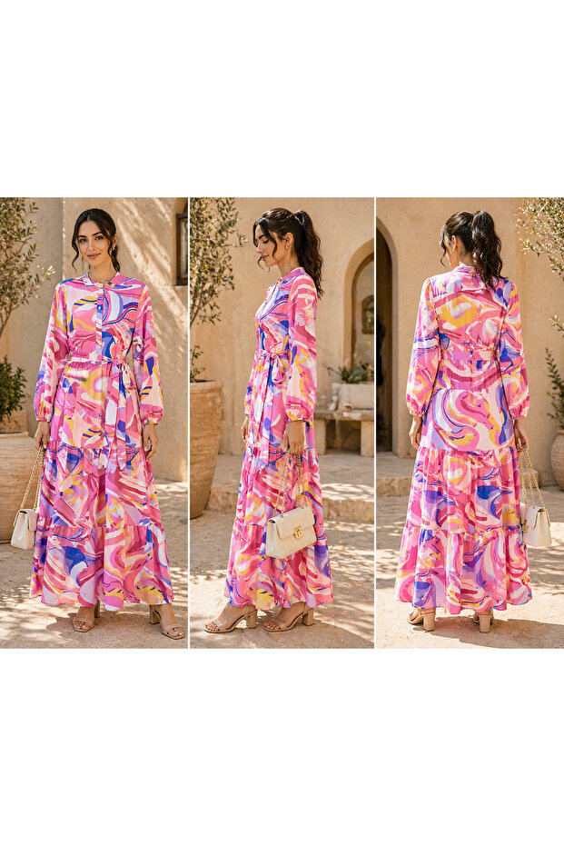 Pink Marble Print Tiered Casual Dress