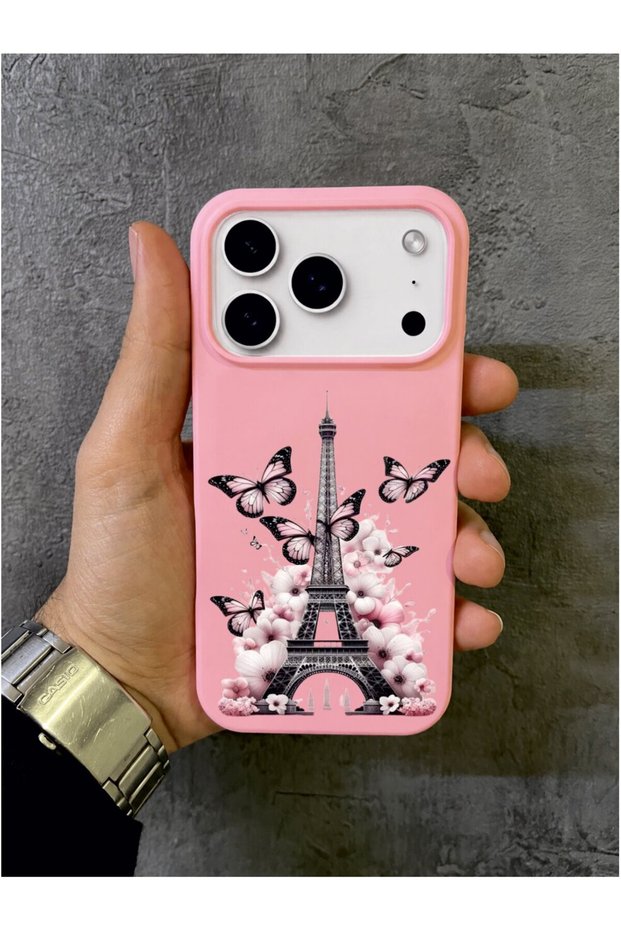 iPhone 17 Pro Max Compatible Eiffel Tower Butterfly Pink Case