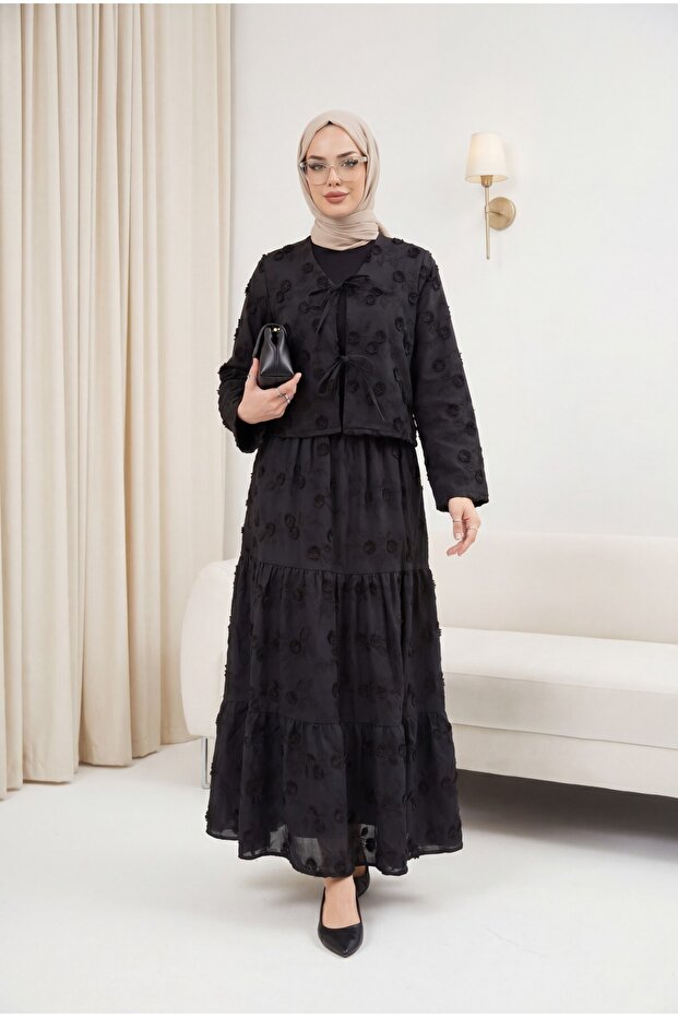 Tied Front Embossed Floral Embroidered Skirt Lined Linen Kimono Set - Black