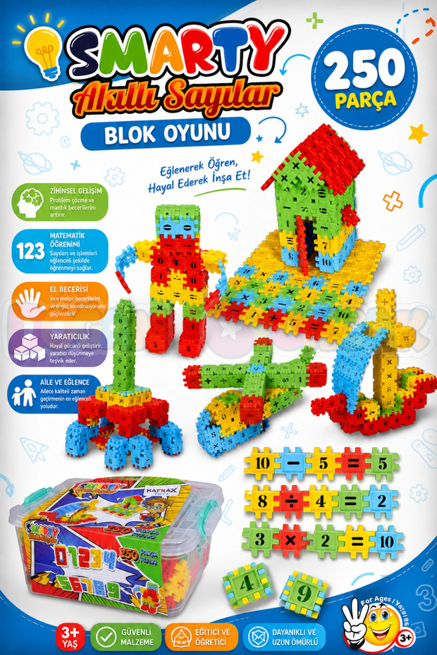 Smarty - Smart Numbers Block Game 250 Pieces - Toy Lego Set - Interlocking Stem Lego Set