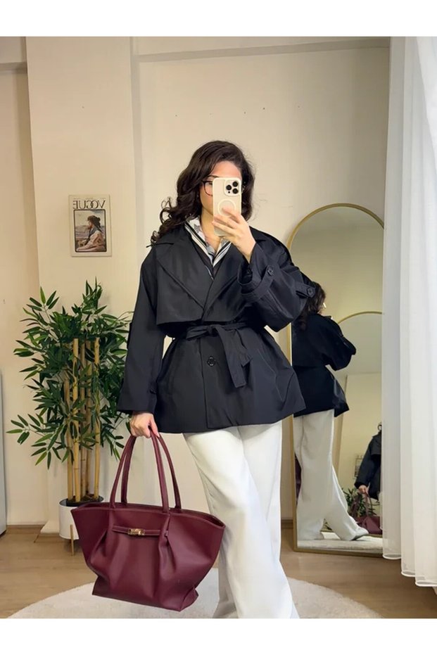New Season Zr Women's Windbreaker Detailed Belted Short Black Trench Coat