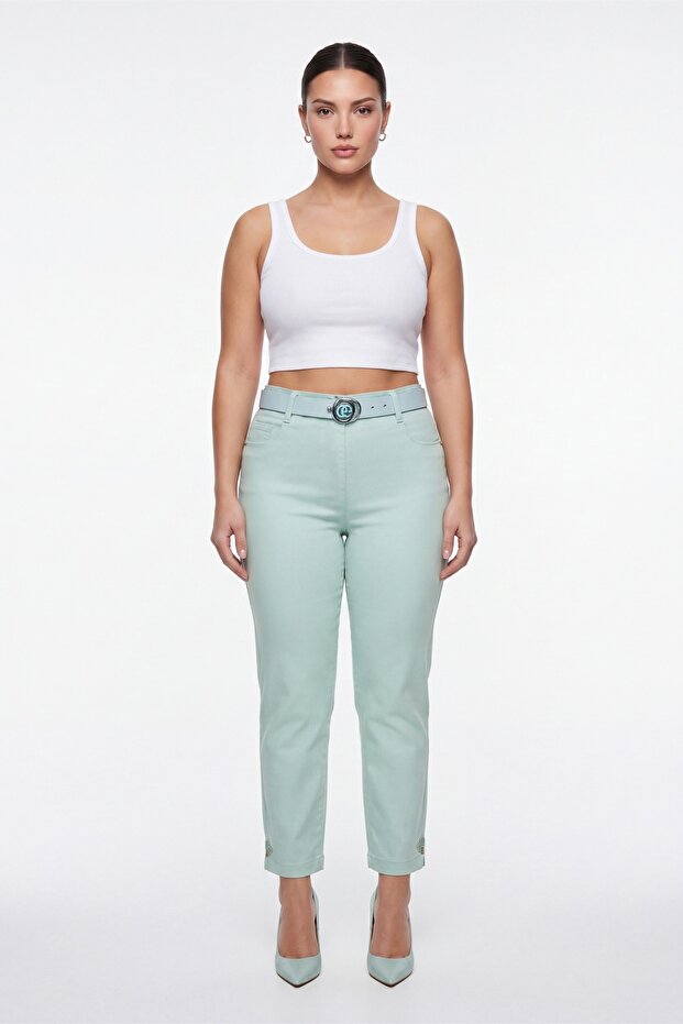 Women's Mint Summer Slim Trousers with Belt and Embroidery Detail