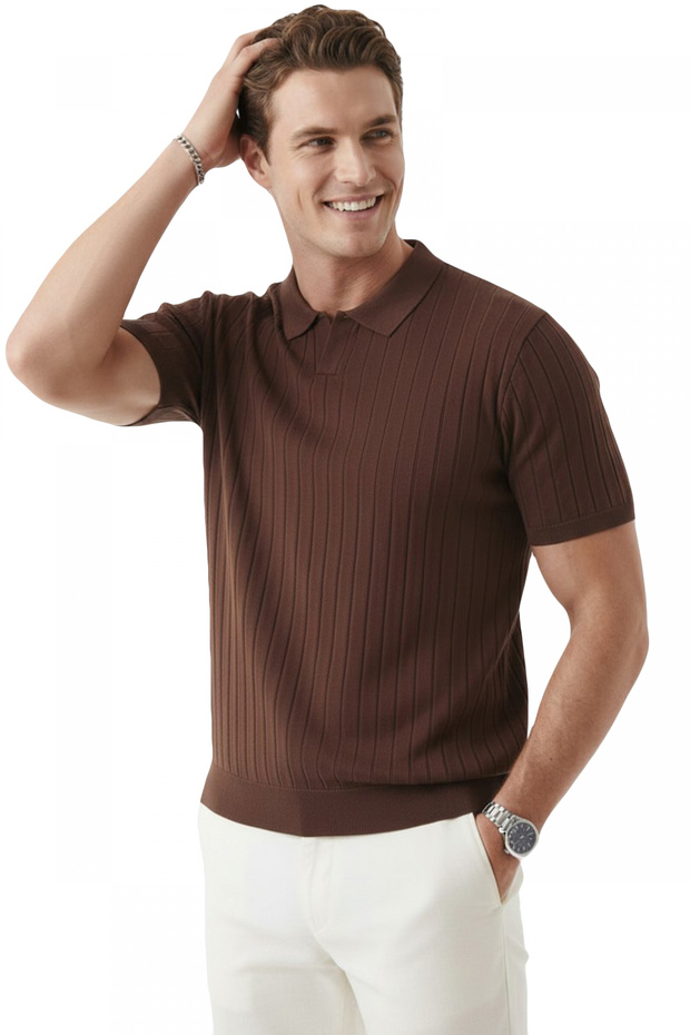 Brown Polo Collar Knitwear T-Shirt Comfortable Fit Men's Knitwear T-Shirt 2608108