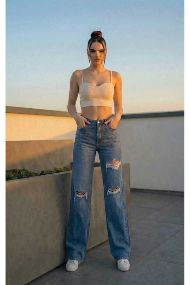 Soft Women's 3 Ripped Light Blue Super High Waist Lycra Wide Leg Mom Fit Jean Trousers