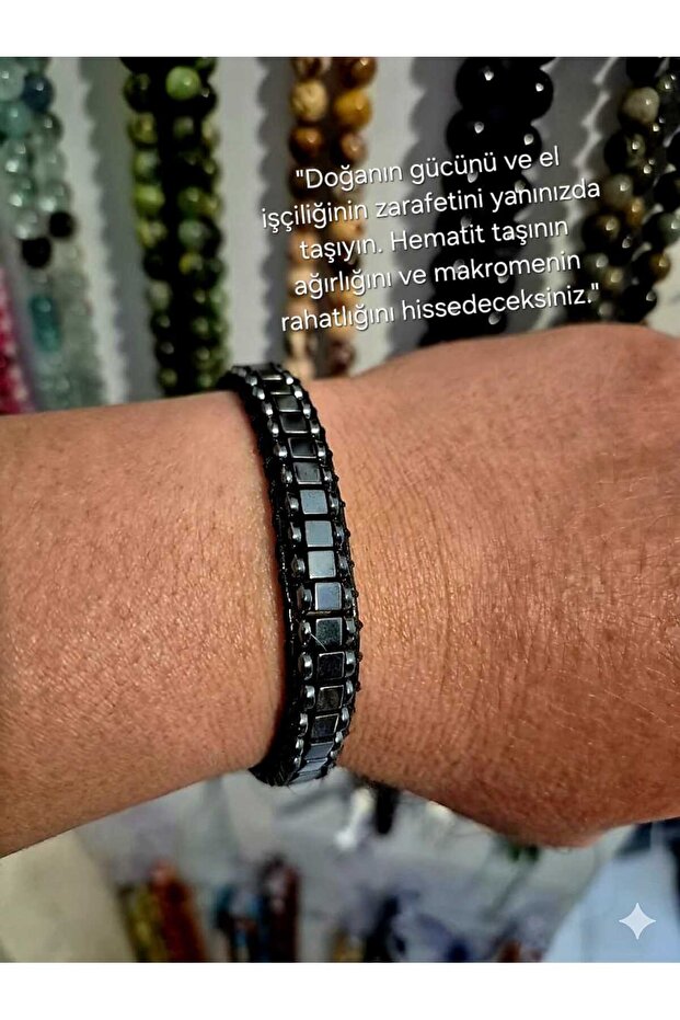 Hematite Natural Stone 4mm Cube and Flake Cut Hand Knitted Macrame Bracelet
