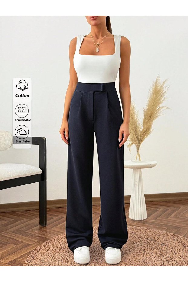 Women's Navy Blue High Waist Palazzo Pants Wide Leg Stylish Office and Casual Trousers