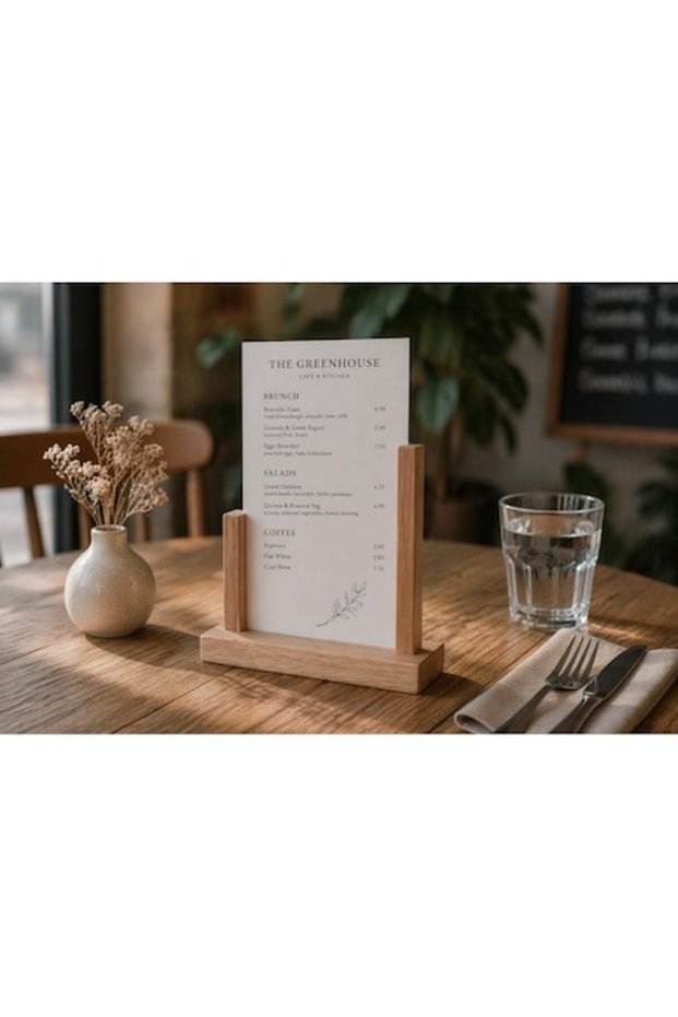 Transparent display stand with oak base, A5 portrait format, Double-sided use