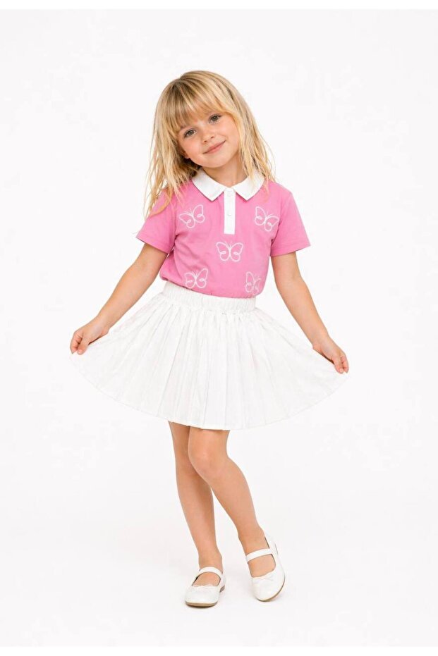 Girl's Collared Butterfly-Patterned Double-Pleated Skirt Set for the Holidays