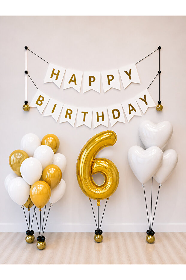 Happy Birthday White Gold Balloon Set -6-