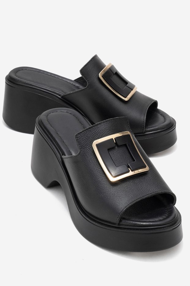 Women's Genuine Leather Wedge Heeled Buckle Slippers 6363 Black