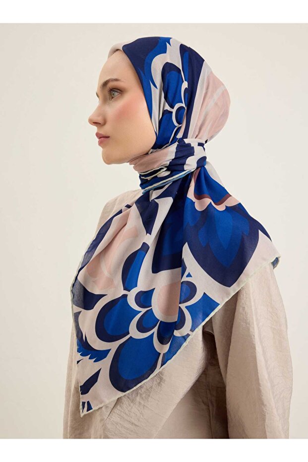 Blue Floral Patterned Soft Scarf - - 4