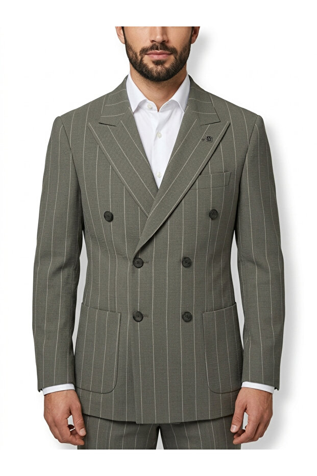 Beige Striped Double-Breasted Suit on Green - Modern Men's Style