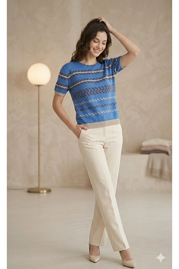 Round Neck Short Sleeve Comfortable Spacious Jacquard Stripe Patterned Summer Spring Viscose Knitwear T-Shirt