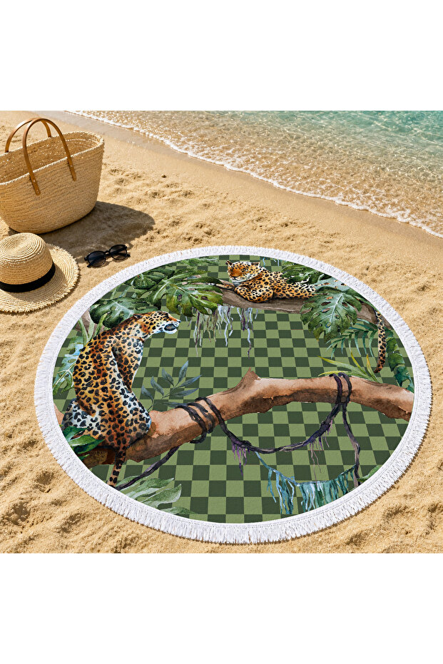 Green Forest and Wild Tiger Patterned 150 cm Round Beach Towel