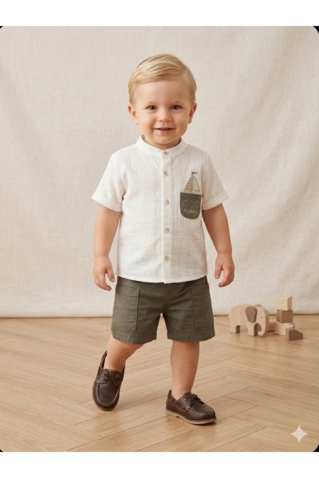 Baby Boy-Sailor Embroidered Muslin Shirt Cargo Pocket Linen Shorts Set