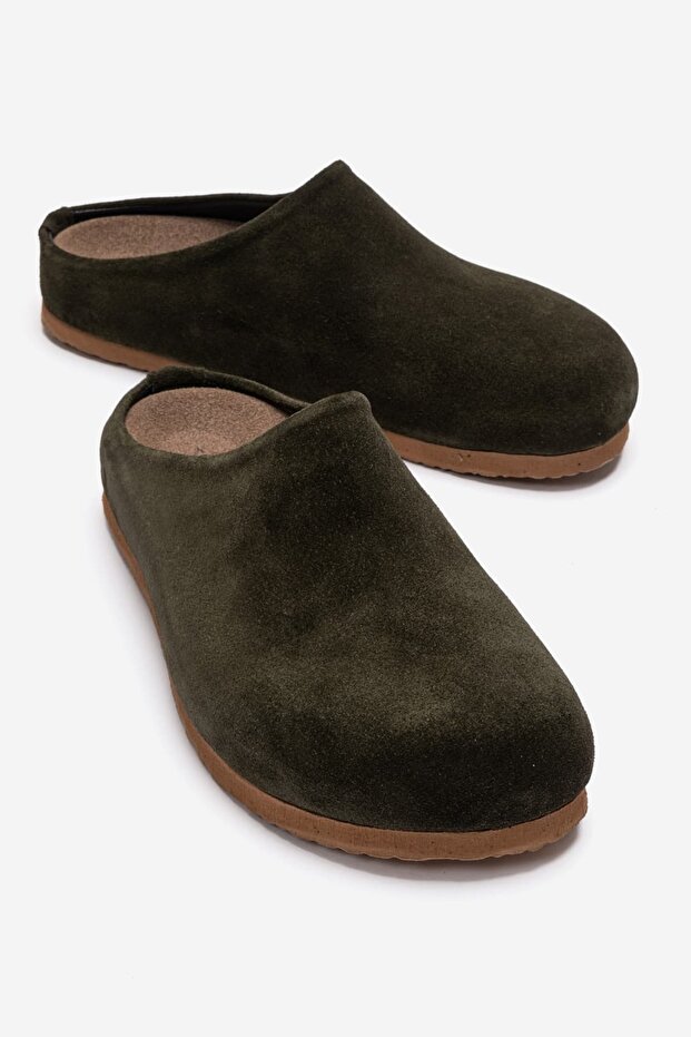 Denivel Women's Genuine Leather Slippers Khaki Suede