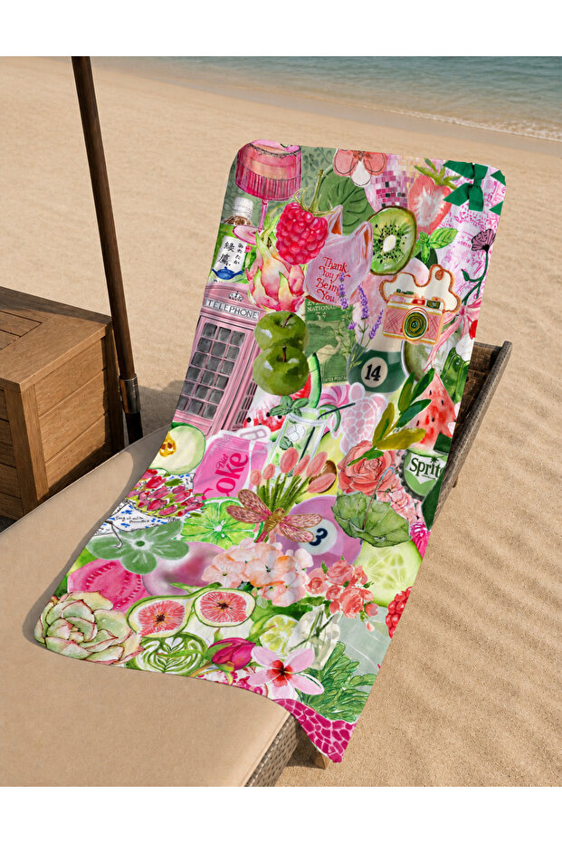 Green and Pink Mixed Flower Garden Beach Towel