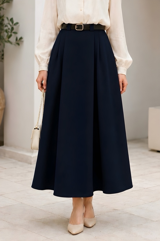 Navy Blue Belted Pleated Skirt