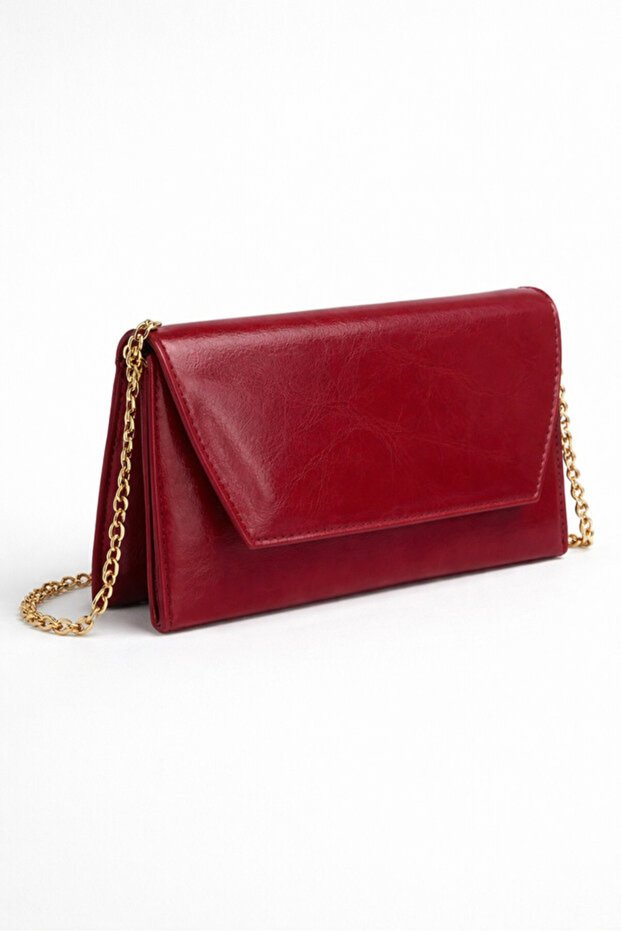 The Moiss Burgundy Bag Leather-Look Chain Strap Women's Hand and Shoulder Bag - Stylish Portfolio Clutch