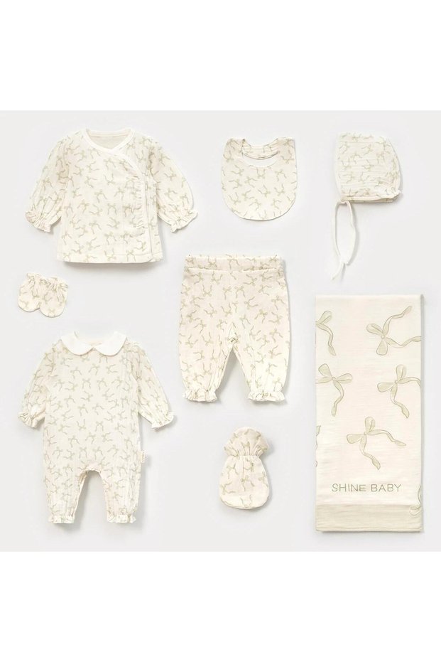 Shine Baby Bowknot 0-3 Months Baby Girl Hospital Release Set of 8 - 100% Muslin Cotton Premium Cotton