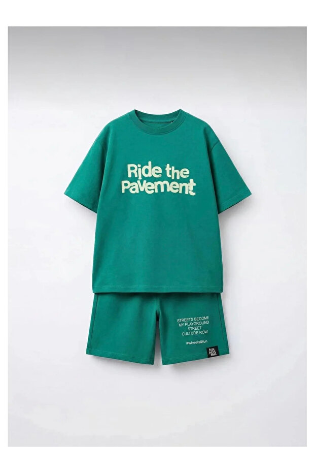Slogan Printed Green Children's Shorts Set