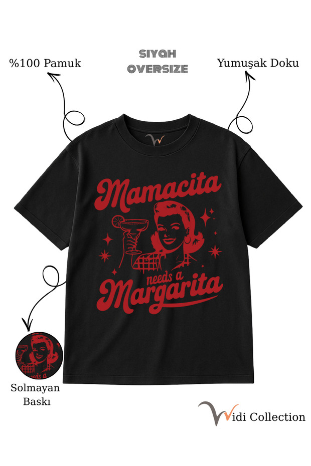 Mamacita Margarita Cocktail Design Black Oversize Unisex 100% Cotton T-Shirt