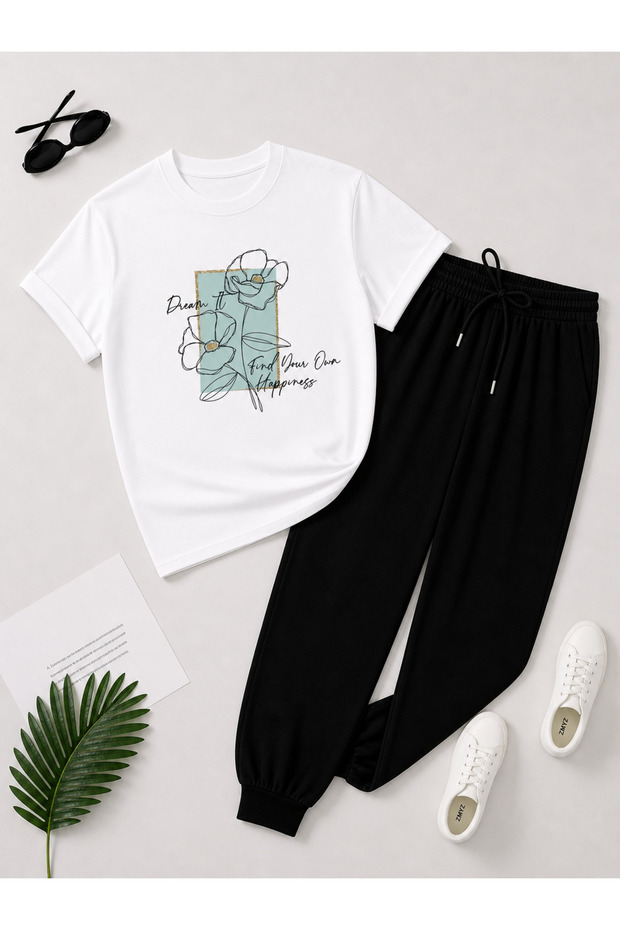 Soft Floral Pattern Print Detailed T-Shirt Tracksuit Set