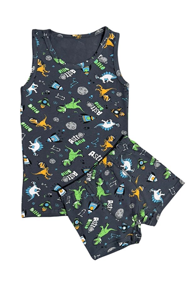 Boys' 100% Cotton Fabric Smoked Color Dinosaurs Patterned Underwear Set with Stitched Crotch