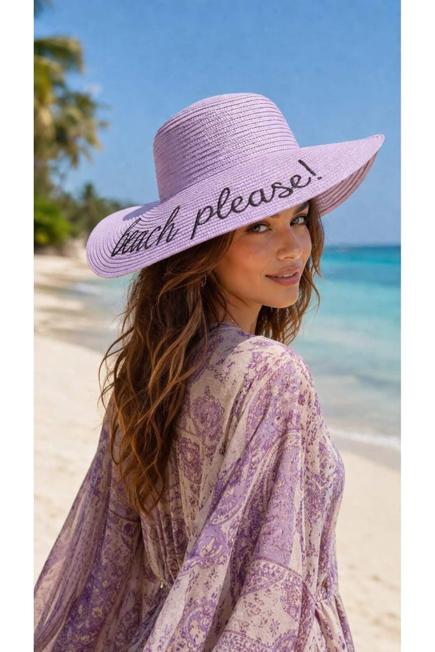 Lila Beach Please Embroidered Round Straw Women's Hat