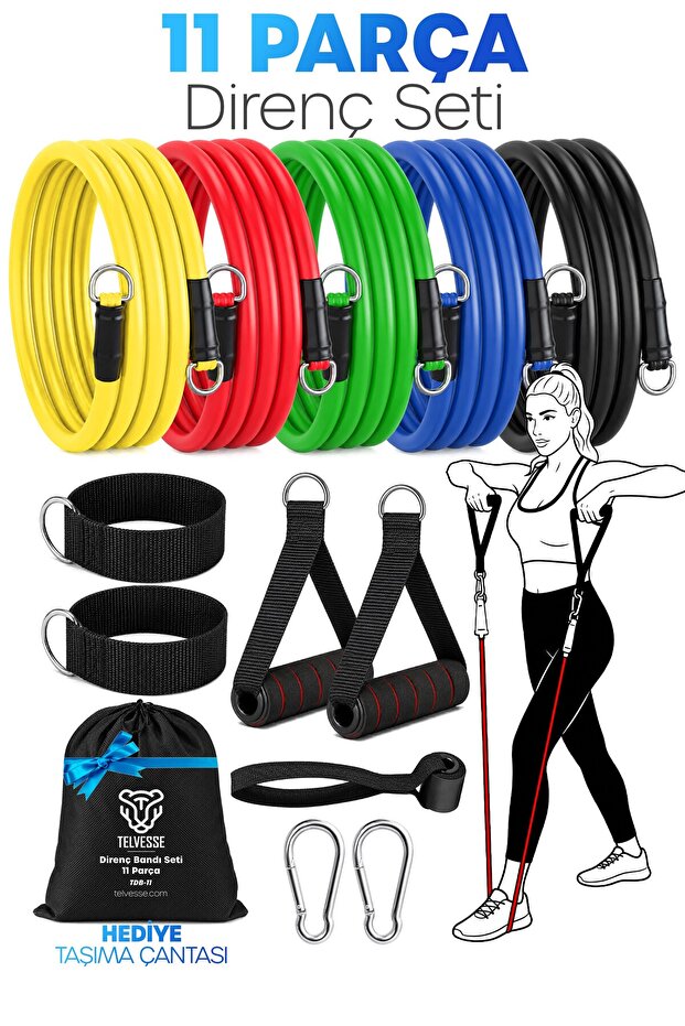 Telvesse 30 KG Direnç Bandı Seti 11 Parça Çantalı Pilates Aerobik Egzersiz Barfiks Spor Lastiği Tüp Bant TDB1