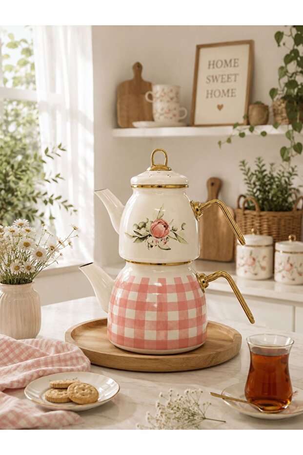 Rose Patterned Enamel Teapot Set with Pink Plaid Bottom Teapot and Gold Detail