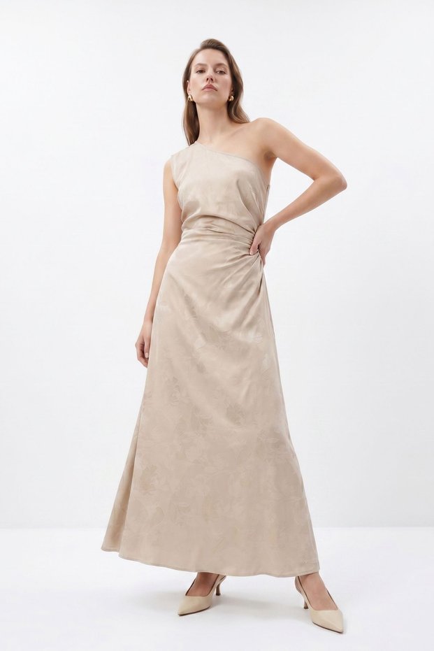 Beige One-Shoulder Low-Cut Long Dress 251654