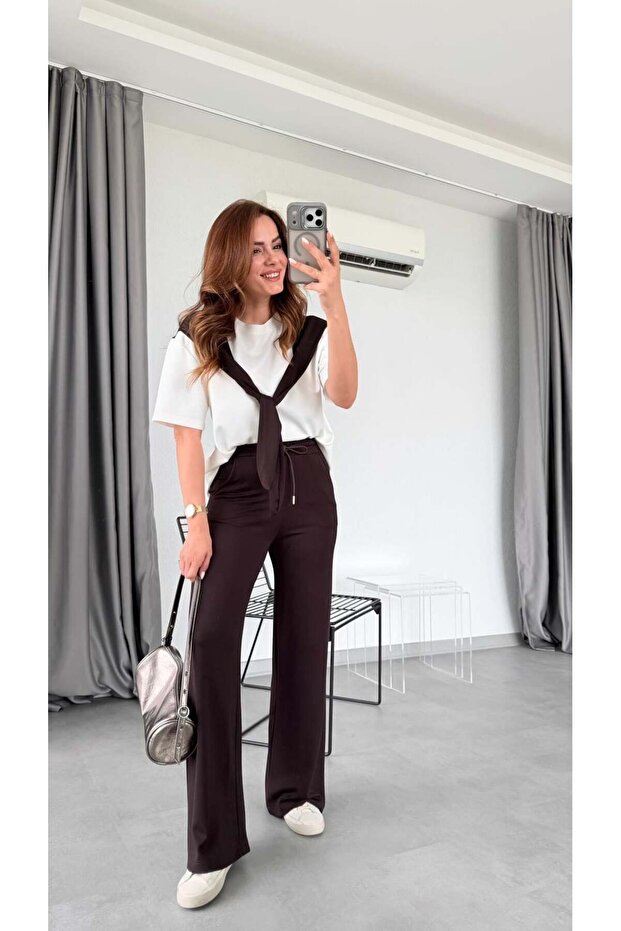 Brown Selene Modal Scarf T-Shirt Set