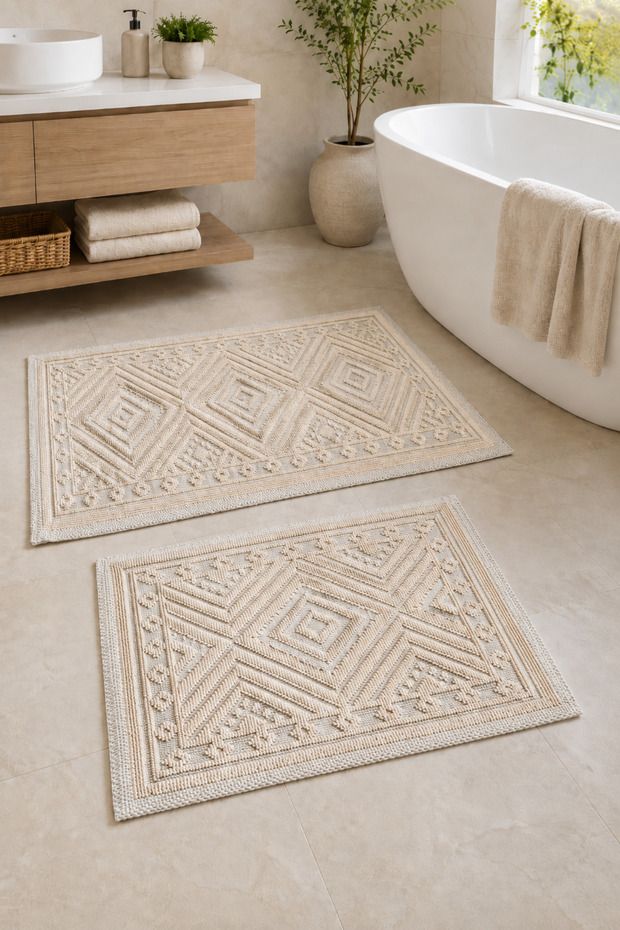 Nordic Woven Cotton Curly Non-Slip Base Washable Bathroom Mat Set 40*60/50*80 cm 2 Pieces
