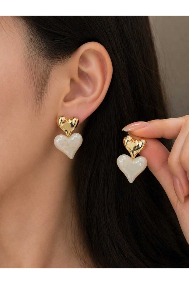 Women's Heart Detailed Pearl-Looking Dangle Earrings Gold Color Stylish Jewelry Accessory