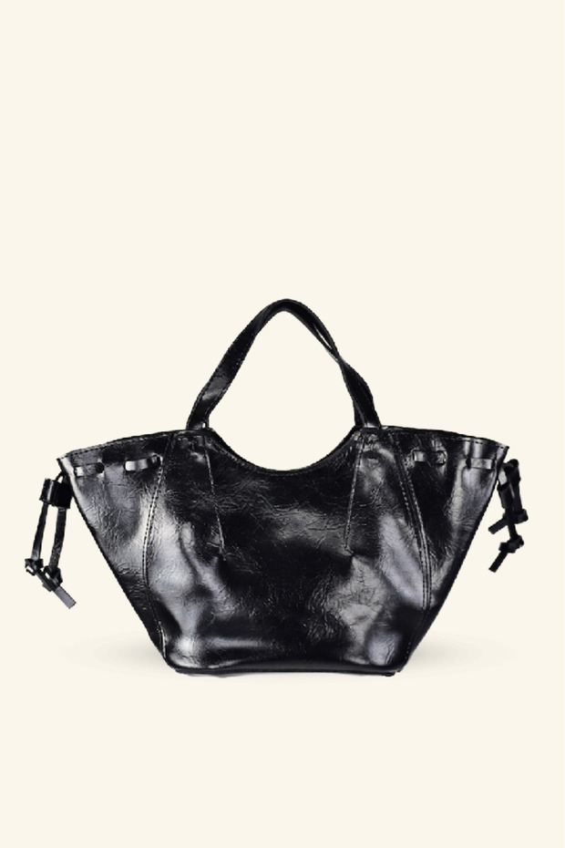 Women's Side Drawstring Hand and Shoulder Bag - Black