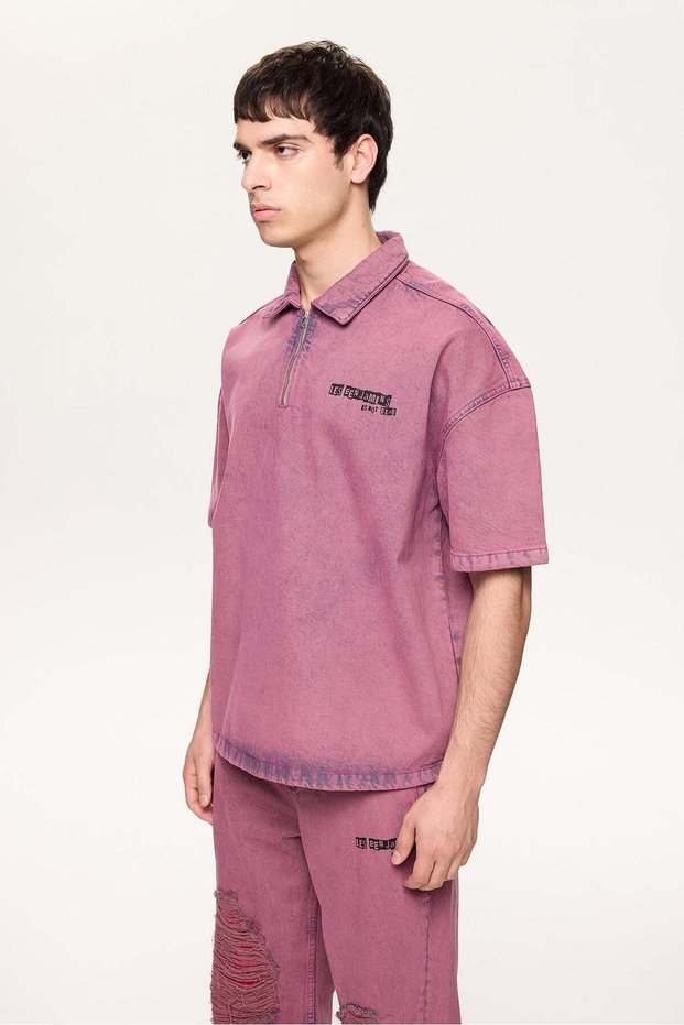 Oversize Denim Fabric Polo Collar Tshirt